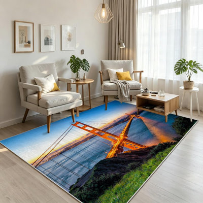 Yellow Machine Washable,Golden Bridge Francisco California Usa Sunrise Valley America Skyline Indoor Area Rug