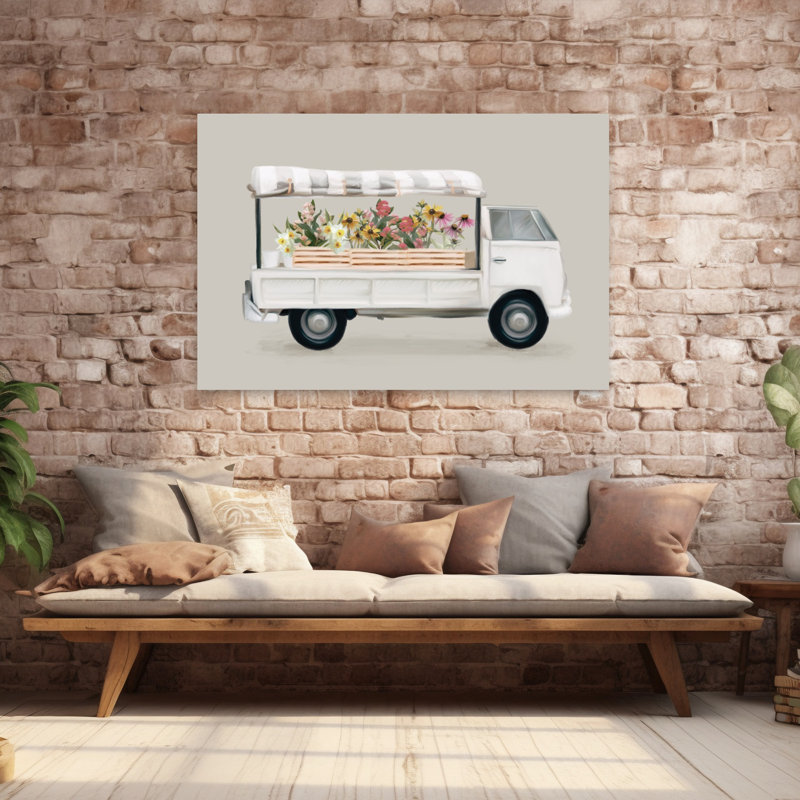 Art rétro de camion de fleurs rétro, H 40 po x l 60 po