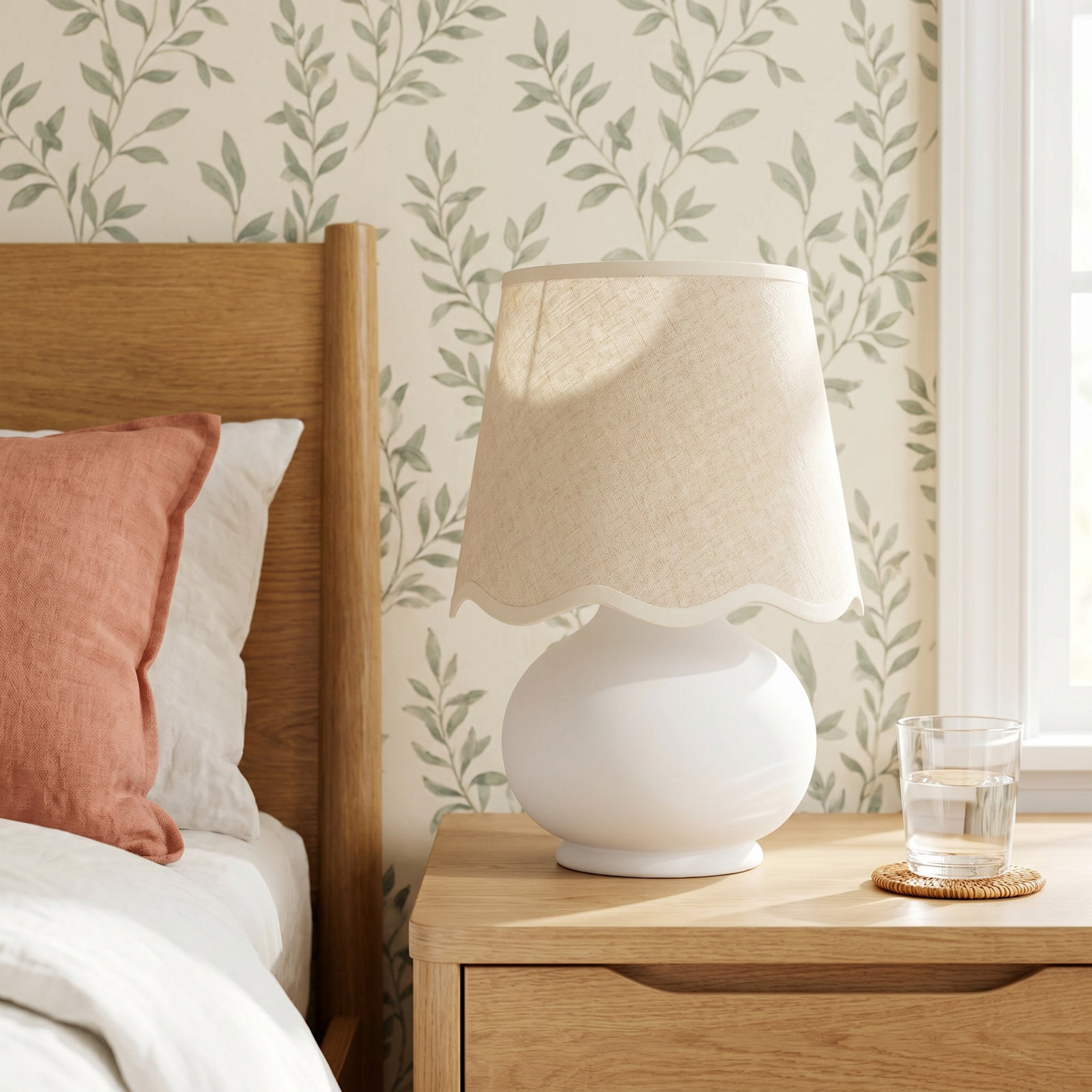 Momsen Ceramic Bedside Lamp, White, Beige