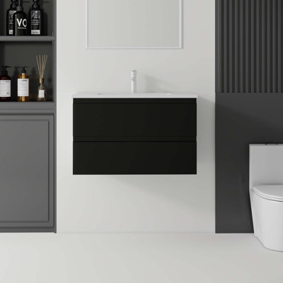 Meuble-lavabo flottant avec lavabo en céramique et rangement à fermeture en douceur