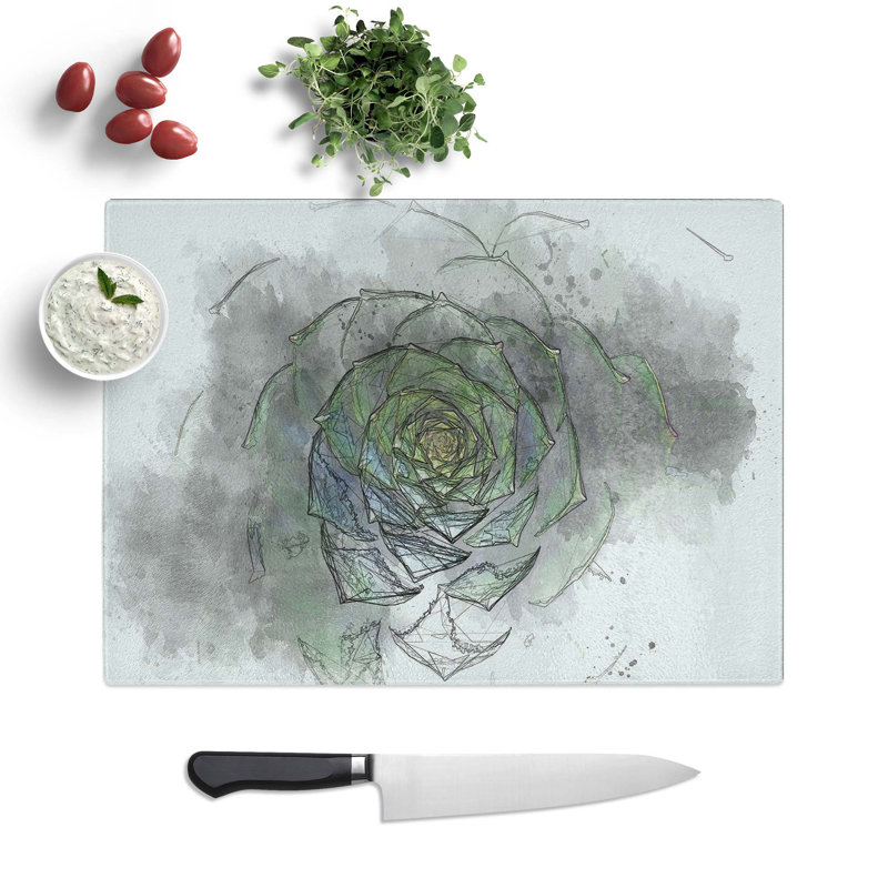 Tempered Glass Dark Succulent Plant Chopping Board, 28.5 cm W x 20 cm L