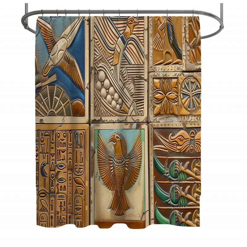 Rideau de douche ancien motif égyptien, H 93 po x l 70 po