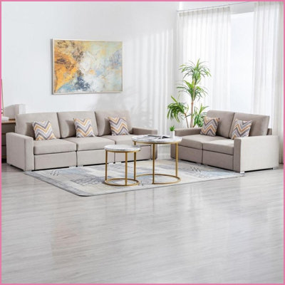 Canapé en lin 95,5 po Nolan Ensemble de salon 67 po avec pieds interchangeables 67 po 5 coussins | Beige | Lin | Accoudoirs carrés
