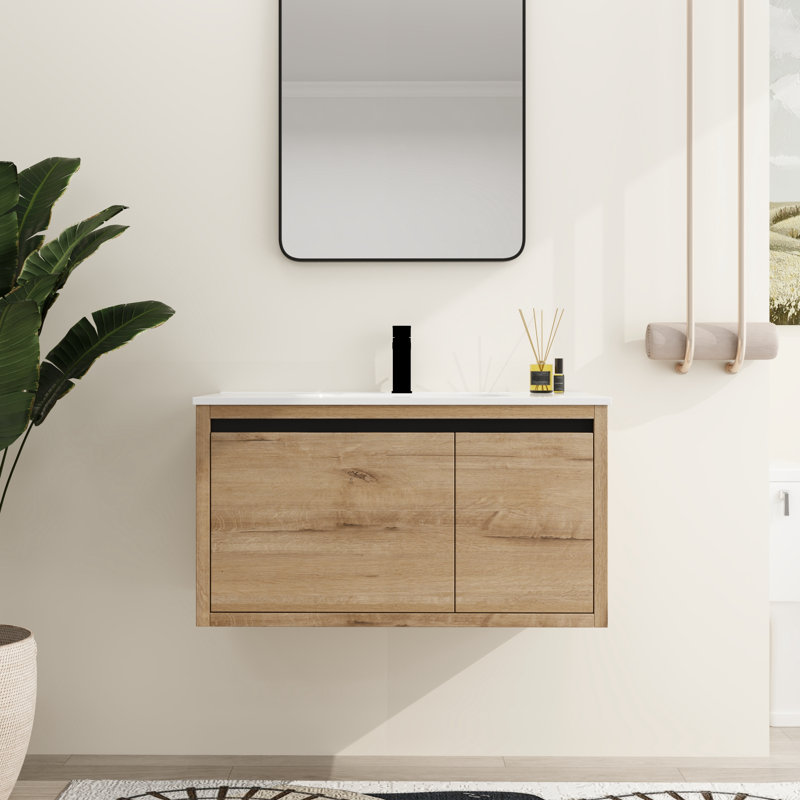 Kaihyan 36''Single Sink Floating Bathroom Vanity,Floating Vanity with 1 Door and 1 Drawer, White Resin Sink Top, Light Brown