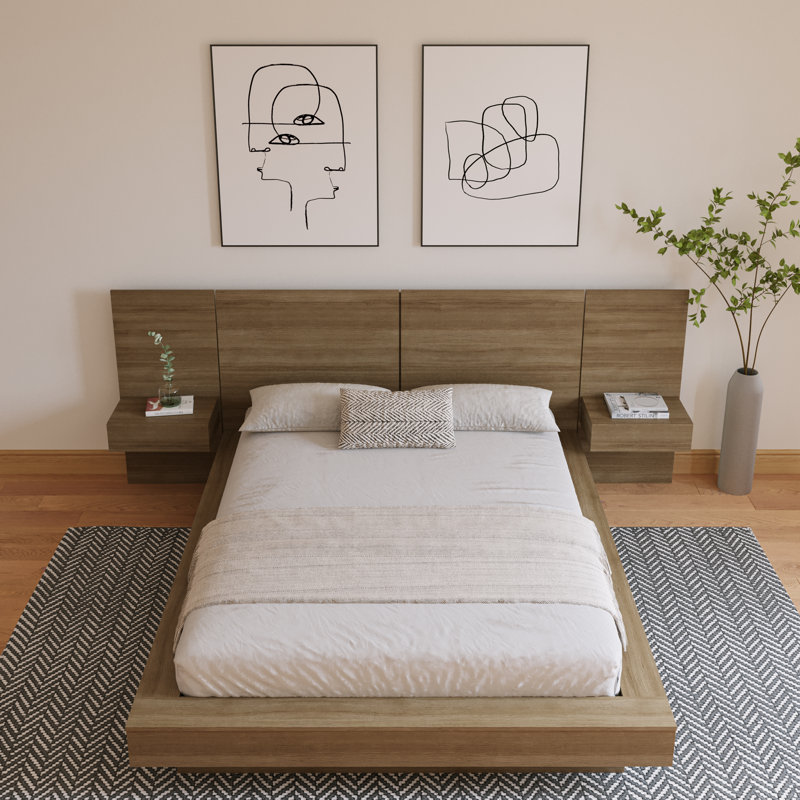 Ensemble de chambre à coucher 3 pièces avec lit et 2 tables de chevet flottantes Kaenen, Brun, Roi