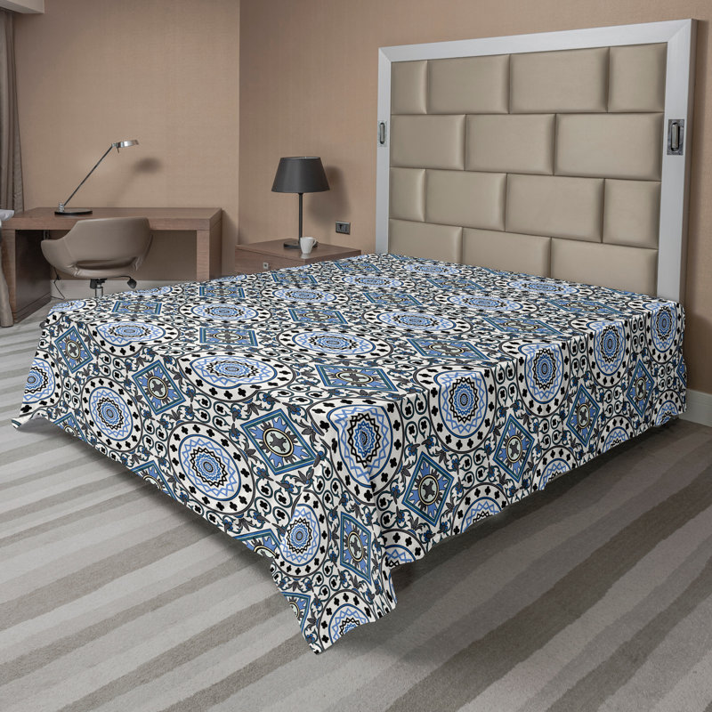 Ambesonne Orient Top Flat Sheet Mosaic Motifs, Full Flat Sheet, Gray White Blue Geometric
