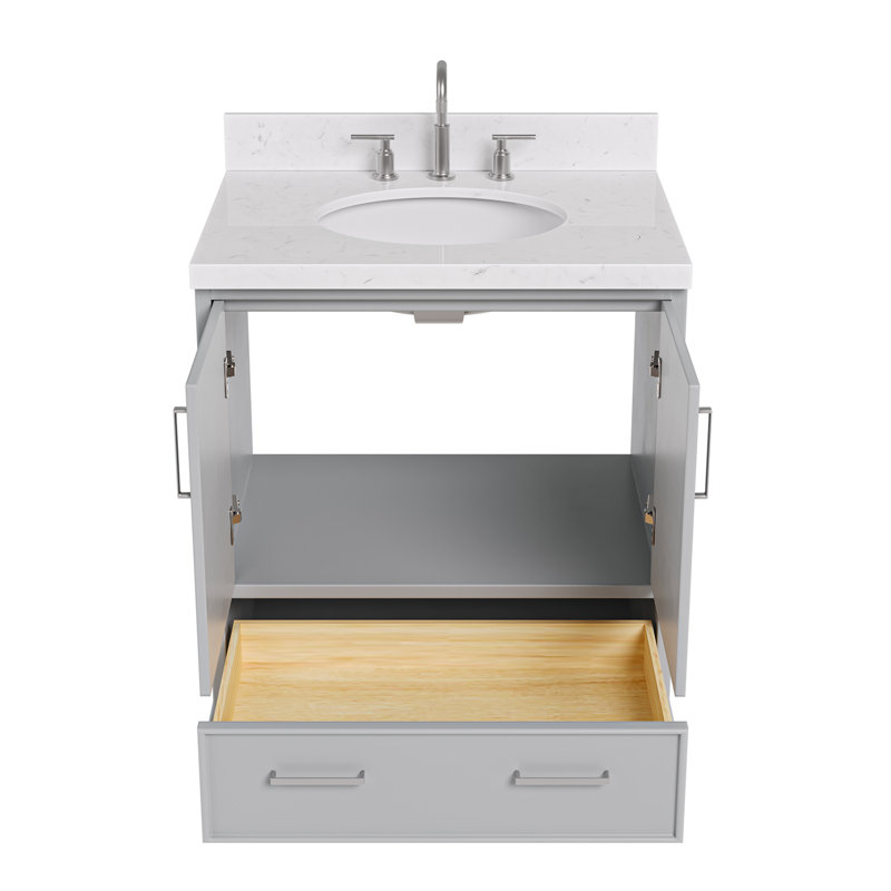 Ensemble de meuble-lavabo simple 30,25 po avec plateau en quartz Abshire, Nickel brossé, Gris