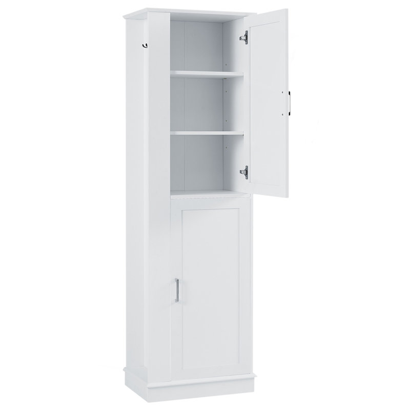 Grande armoire de rangement pour salle de bain, armoire de rangement autoportante avec crochet et tablette réglable, panneau de fibres à densité moyenne, blanc