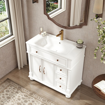 Meuble-lavabo de salle de bain 35,6 po avec une colonne romaine, une fabrication de haute qualité, des poignées en métal et une capacité de conception Mid-Century en céramique blanche, des armoires à tiroirs de rangement, facile à entretenir