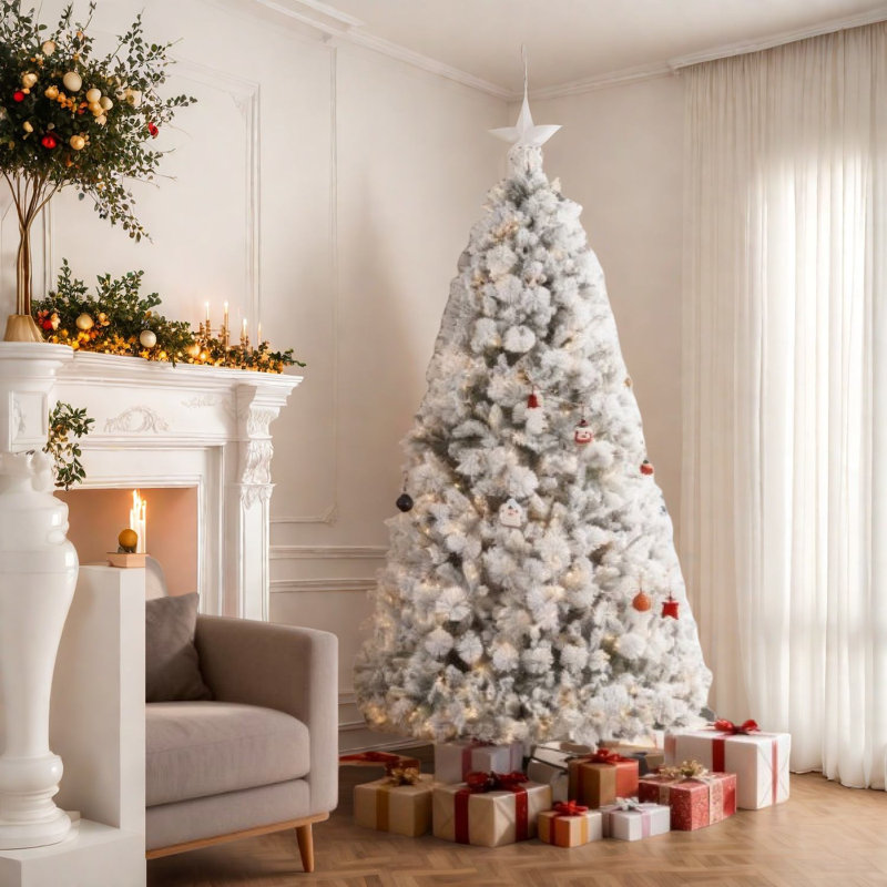 Arbres de Noël floqués de 7,5 pi avec lumières claires, cadre en acier vert pour une maison confortable