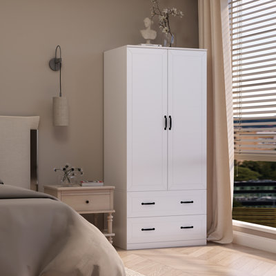 White Minimalist Lines 2 Doors Wooden Wardrobe Closet Armoire, Bedroom Large Capacity Freestanding Armoire, 71" Clothing Storage Cabinet With Hanging