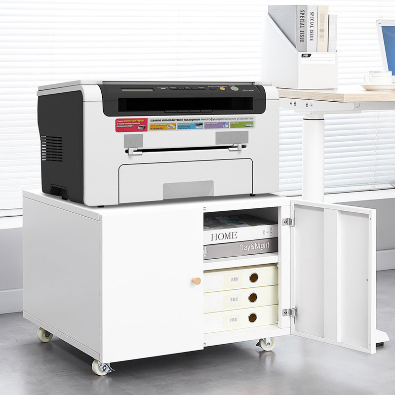 Armoire d'imprimante de bureau blanche en acier: support mobile à 2 portes avec 4 360 roues et armoire à surface facile à nettoyer Blanc: finition facile
