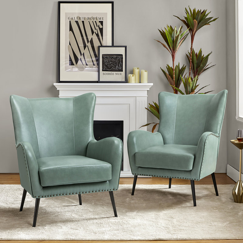 Atalyia 30" W Faux Leather Wingback Armchair with Nailhead Trim, Sage Green Vegan Leather