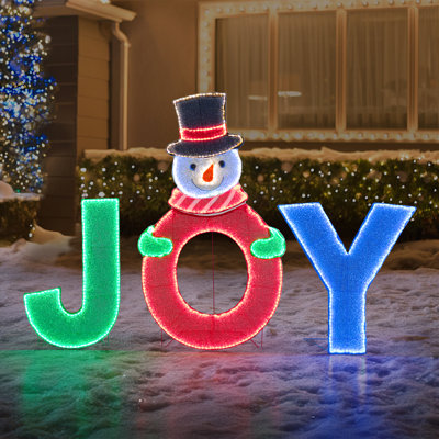 Sunjoy 48 Inch Christmas Lighted Joyous Snowman, 2D Tinsel Santa Joy Display Set Outdoor Indoor Garden Yard Lawn Festive Holiday Decoration with Lights 