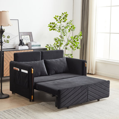 Lit en velours avec poches réglables et détachables - lit escamotable, 2 coussins, noir pour le salon avec accoudoirs, style