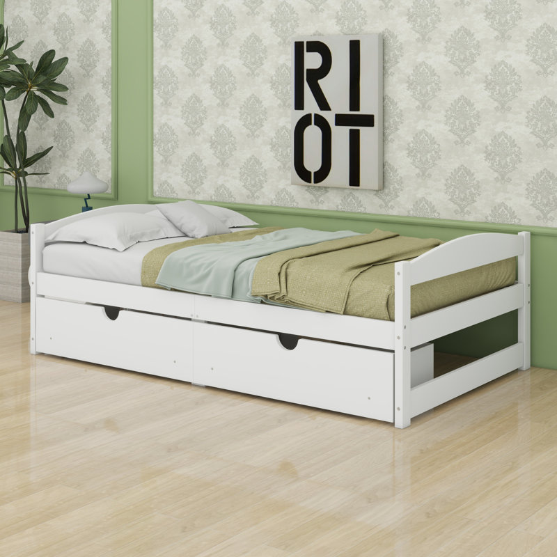 Platform Bed, With Drawers, White