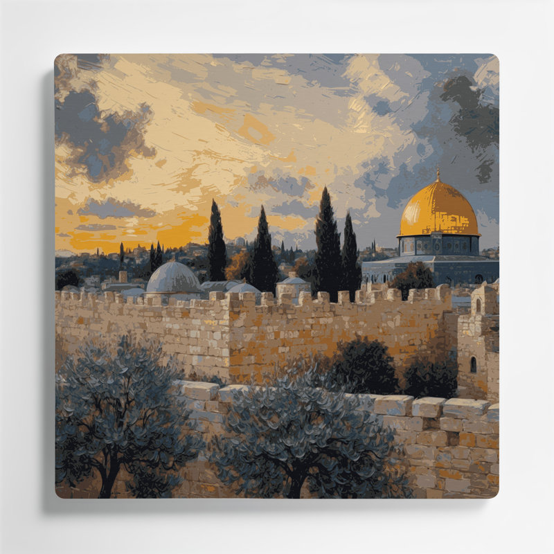 Art mural gris en villes avec villes en Israël, H 32 po x l 32 po