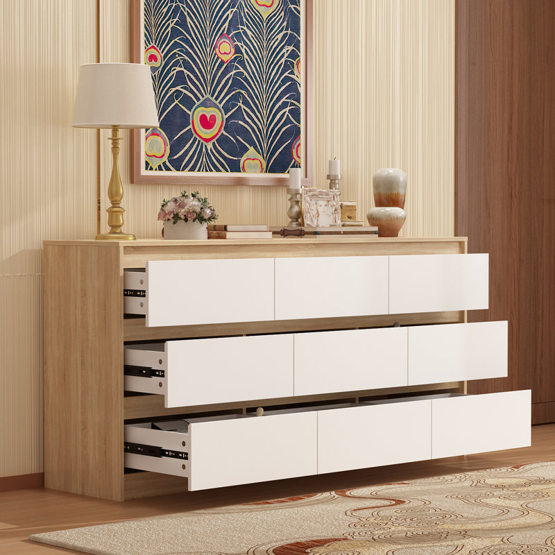 Commode 9 tiroirs, commode en bois 9 tiroirs, Blanc / bois