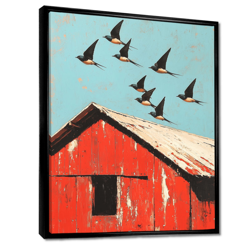 Claremont Swallows Birds Over The Red Barn III - Bird, reproduction d'art sur toile encadrée, Noir, H 20 po x l 12 po