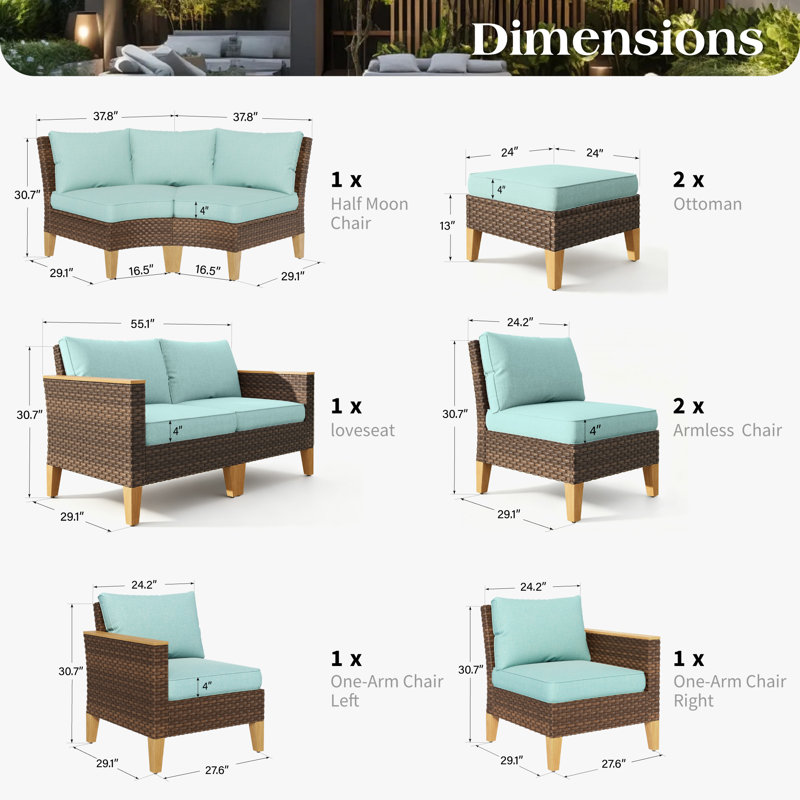 Ensemble modulaire d'extérieur en osier avec coussins 9 pièces Shutesbury, Bleu