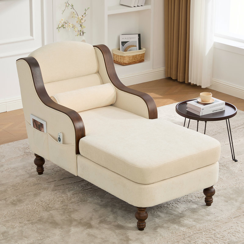 Chaise longue rembourrée en chenille de 27,2 po de largeur avec coussin lombaire et accoudoirs, Beige