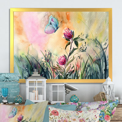 «Butterfly Botanical Summer Rose Flowers», reproduction sur toile flottante