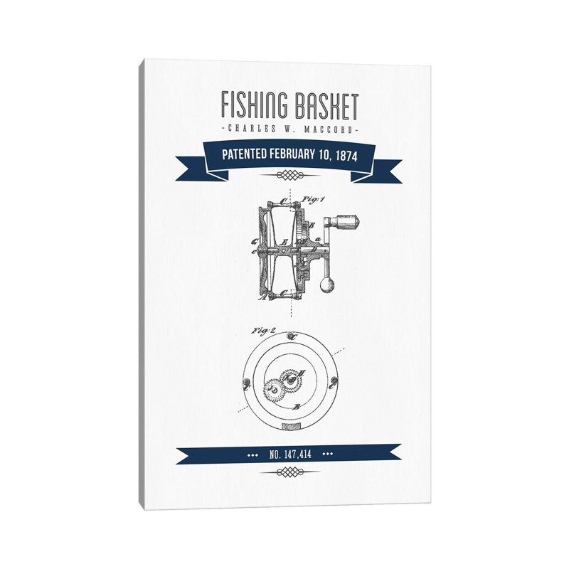 Charles W. MacCord Fishing Reel Patent Sketch Retro (Navy Blue) by Aged Pixel - Wrapped Canvas Gallery-Wrapped Canvas Giclée