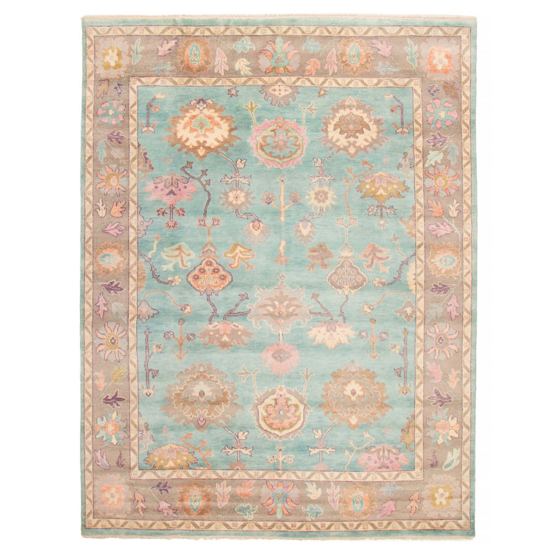 Tapis turquoise en laine noué à la main 9 pi 0 po x 12 pi 0 po Oushak