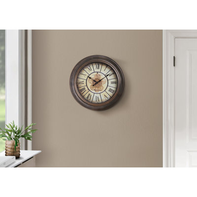 15 Inch Round Transitional Wall Clock, Antique Brown Decorative Wall Clock for Home