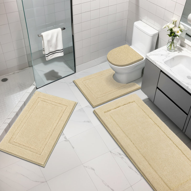4 Piece Soft Absorbent Microfiber Bath Rug Set with Non-Slip Backing, Beige