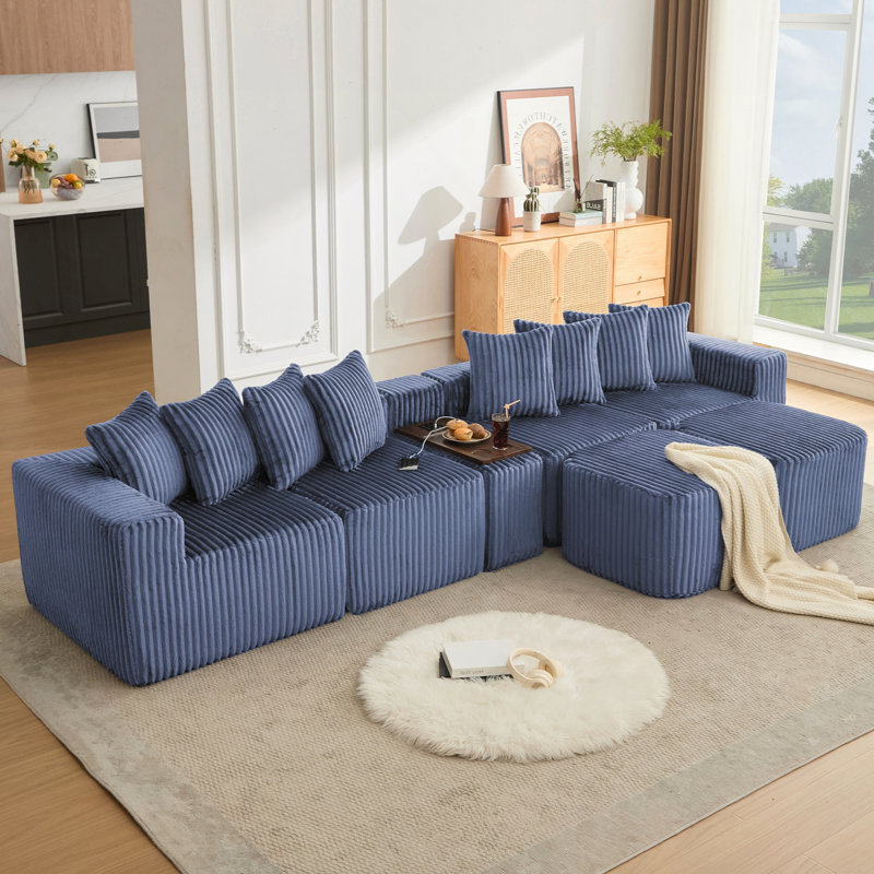 Canapé modulaire en U avec chargement, Velours côtelé bleu