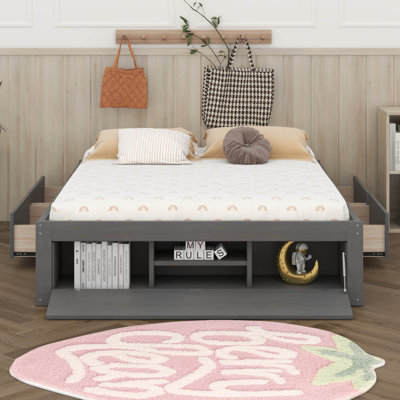 Queen Size Wood Platform Bed With 4 Underbed Drawers And Hydraulic Lift Footboard Storage