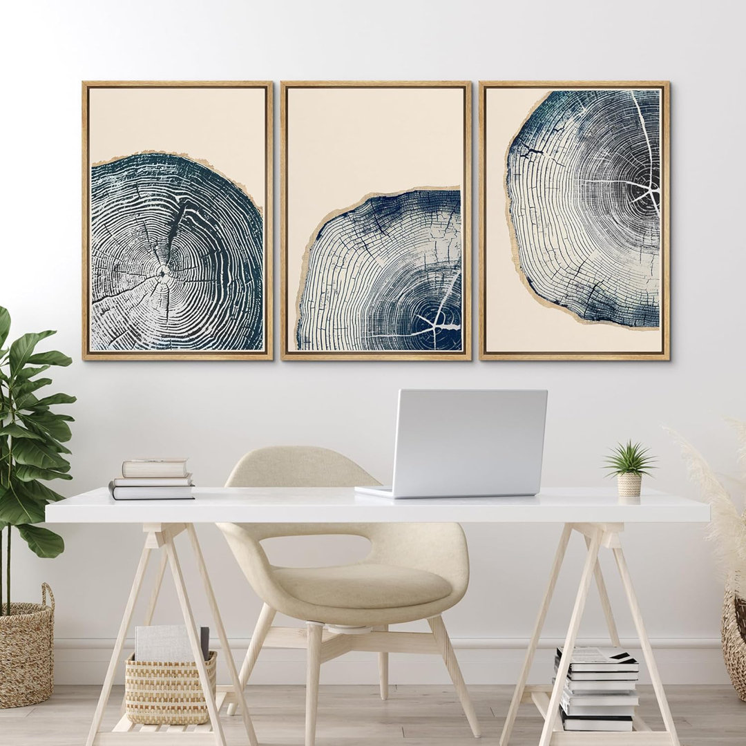 Tree Ring " Navy Blue Wood Stump Contemporary Large Framed 3 Pieces Canvas Digital Print Wall Art IDEA4WALL Frame