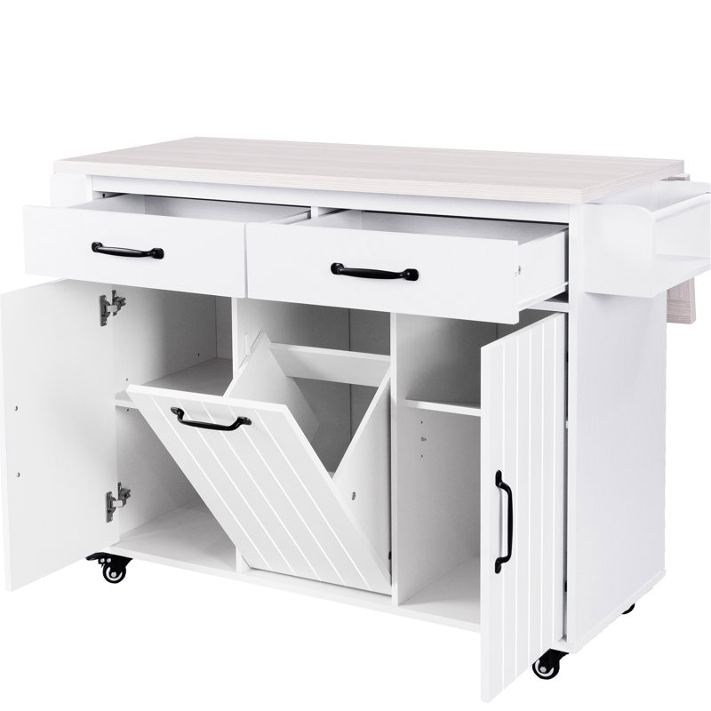 Îlot de cuisine polyvalent avec poubelle, comptoir à abattants, étagère à épices, tablette fixe à serviette, rallonge réglable blanche, porte-canette, bar
