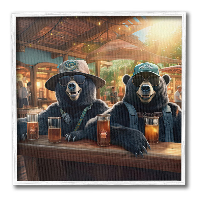 «Dr potable Bears at Bar», estampe numérique par Jim Baldwin, Giclée encadrée noir minuit, H 12 po x l 12 po