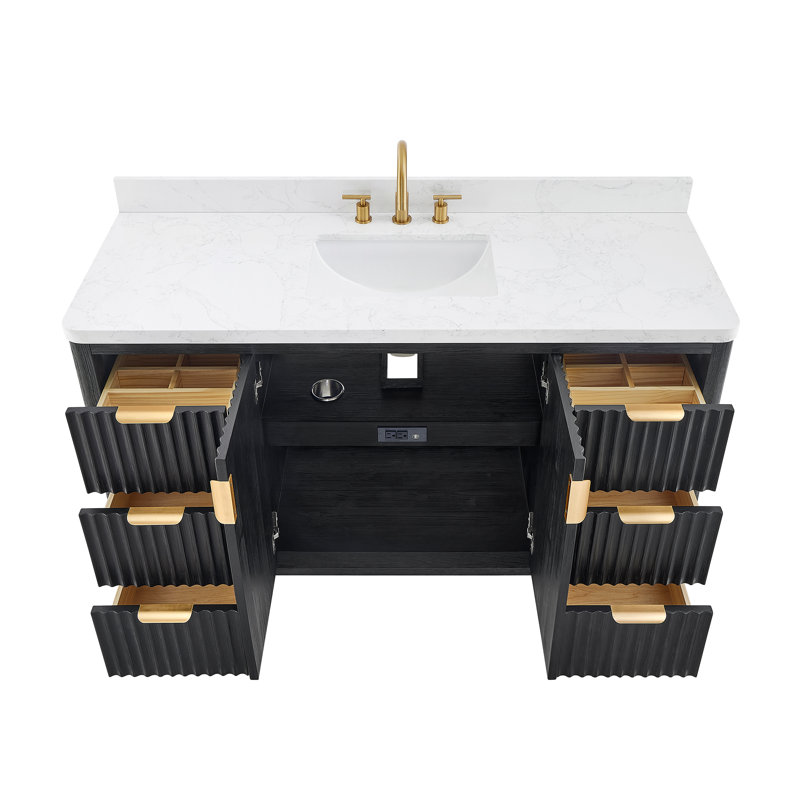 Hesiod 60" Single Bathroom Vanity With Composite Stone Top And Mirror, Fir Wood Black