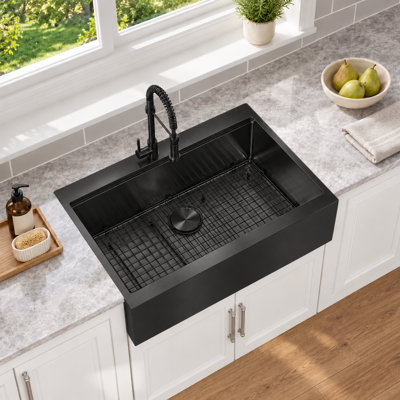   Évier de cuisine en acier inoxydable de calibre 16 avec cuve à tablier frontal noir L 36 po x l 22 po avec accessoires