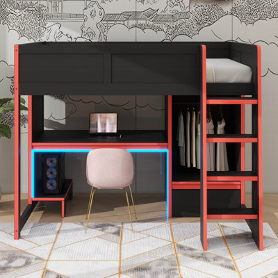 Full Size Wooden Gaming Loft Bed With An Embedded Workstation