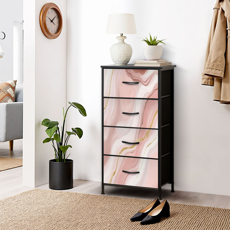 Commode pour commode de chambre à coucher pour commode en marbre rose et or rose et commodes de rangement en tissu avec bacs de rangement à 4 tiroirs