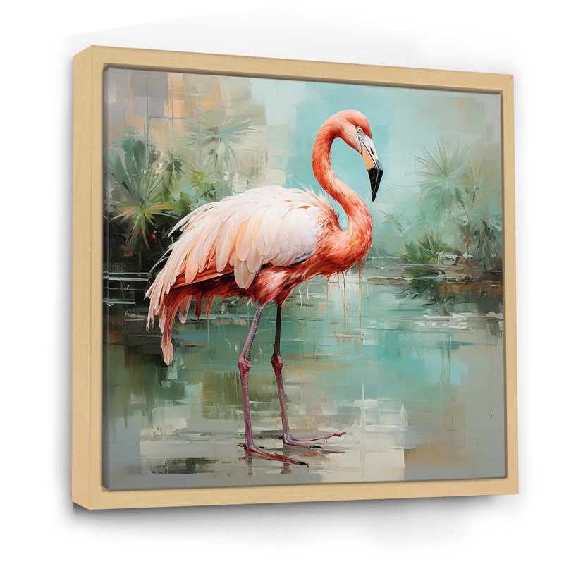 Rose et vert Flamingo Elegance I - Art mural animal flamant rose, Cadre flottant brun, H 36 po x l 36 po x P 1,5 po