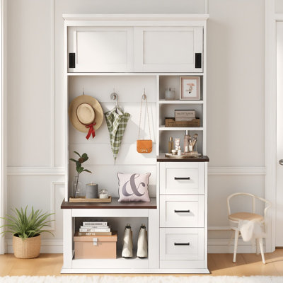 Arbre d'entrée moderne en bois et blanc avec banc - organisateur de rangement d'entrée 5 en 1