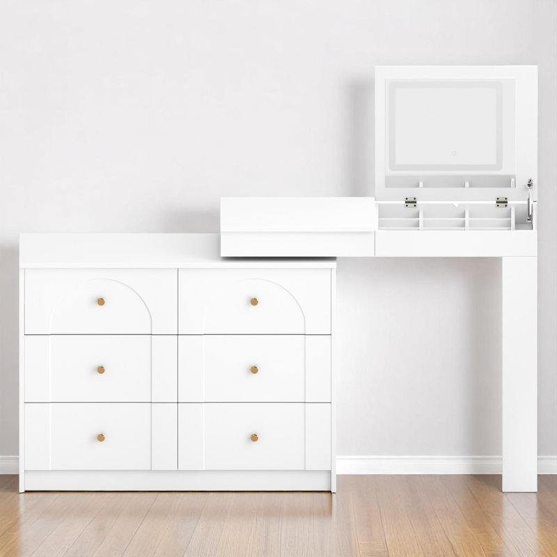 Maurece Rotatable Vanity Desk With Mirror And Adjustable LED Lights, Makeup Vanity With Flip-Top Tabletop And 7 Drawers