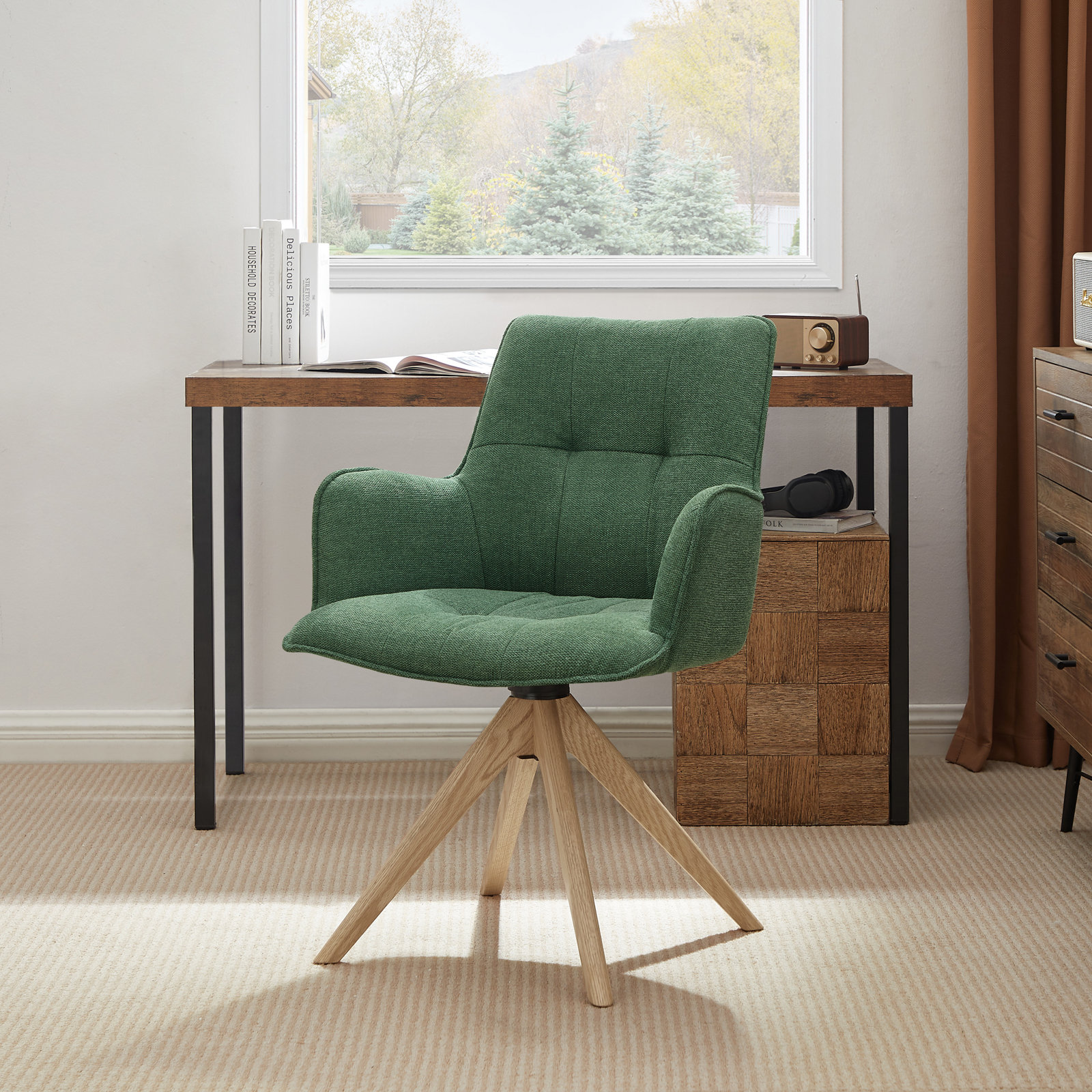 Jadel Fabric Upholstered Swivel Office Chair , Green Basketweave