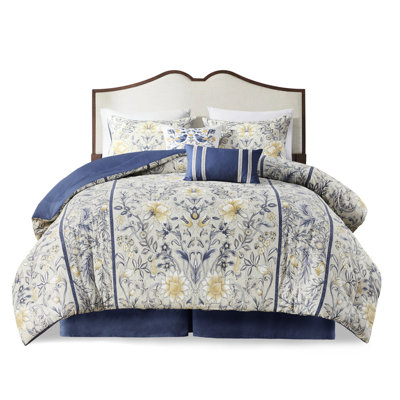 Édredon en coton pleine grandeur - Imprimé botanique en tissu de luxe jaune et bleu lisse