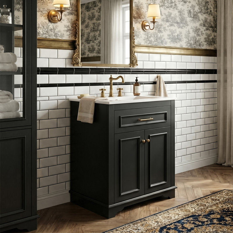 Armoire de meuble-lavabo autoportante 24 po avec rangement basculant et plateau en céramique, 2 portes à fermeture en douceur pour petits espaces