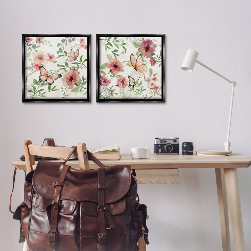 Elegant Garden Flowers & Butterflies, ensemble de 2 toiles flottantes encadrées, design par Nan, H 18 po x l 18 po