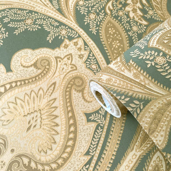 Elegance 10m x 53cm Satin Wallpaper Roll, Green