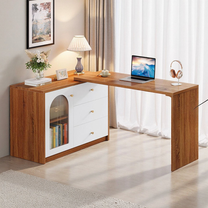 Reversible 82.7" L-Shaped Corner Desk with Storage Drawers & Cabinet - Rustic Brown/White
