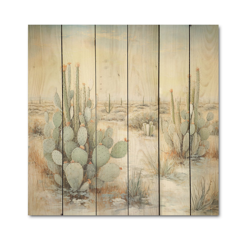 Cactus charme en hiver I - Art mural en bois de cactus sur bois de pin naturel, H 36 po x l 36 po