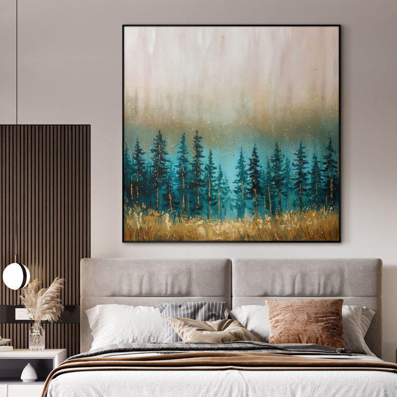 Très grand art mural imprimé sur toile - Forêt sarcelle, ligne d'arbre, paysage brumeux, décoration pour le salon ou la chambre à coucher - «Assemblage requis du cadre (cadre non fini)»